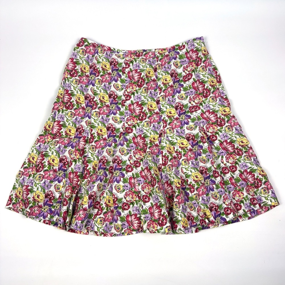 Anne Taylor Loft Retro Floral 100% Linen Pleated Skirt Womens Sz 8 White Pink